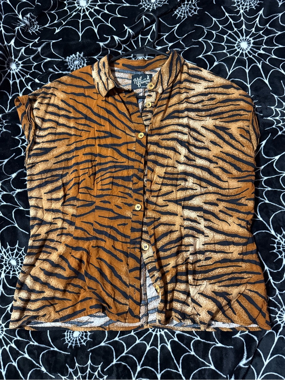 Hell Bunny Tiger-Stripe Button-Front Top in Brown and Black